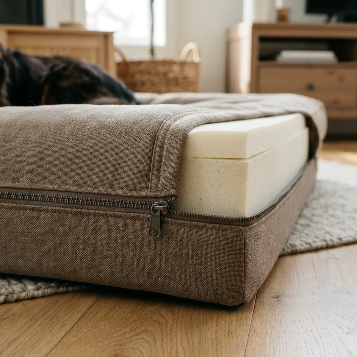Gros plan détaillé des couches épaisses de mousse à mémoire de forme dans un lit orthopédique pour chien de grande race