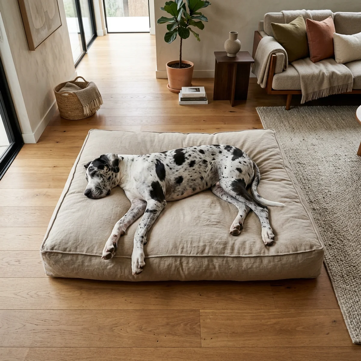 Grand danois étiré sur un lit pour chien très grand dans une maison canadienne moderne