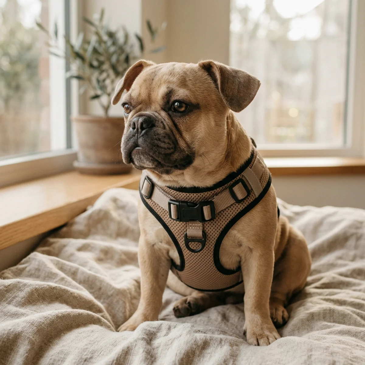 Bouledogue français portant un harnais en maille confortable sous une lumière naturelle douce
