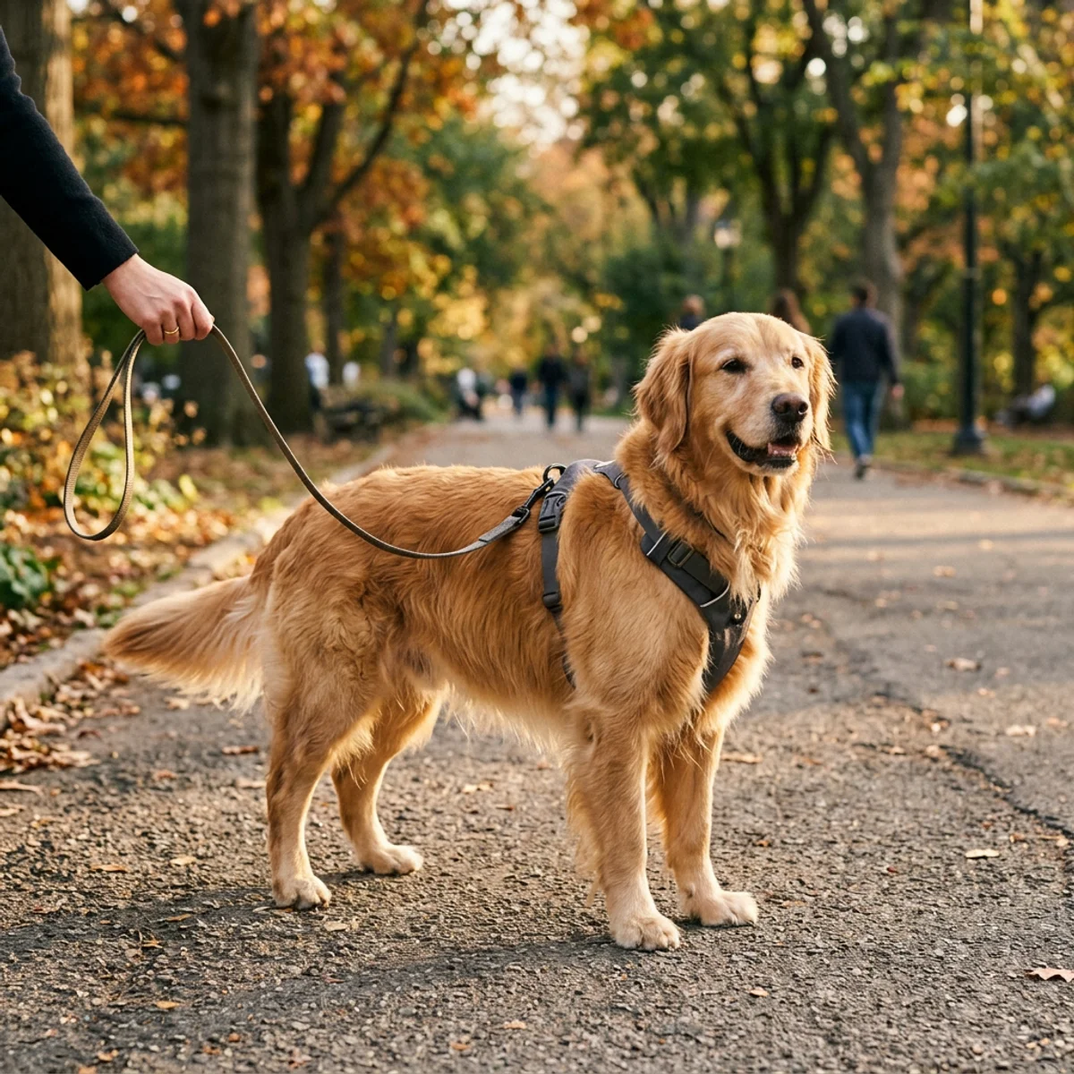 Golden Retriever marchant calmement en laisse avec un harnais à attache frontale dans une lumière de soirée chaleureuse