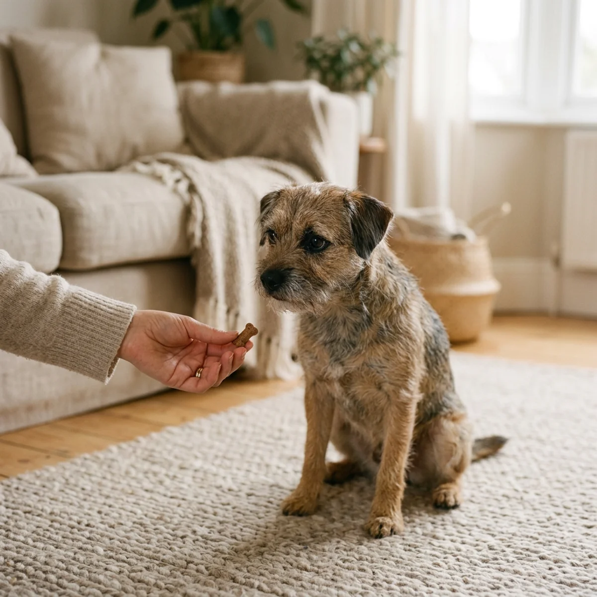 Small dog receiving gentle positive reinforcement training at home