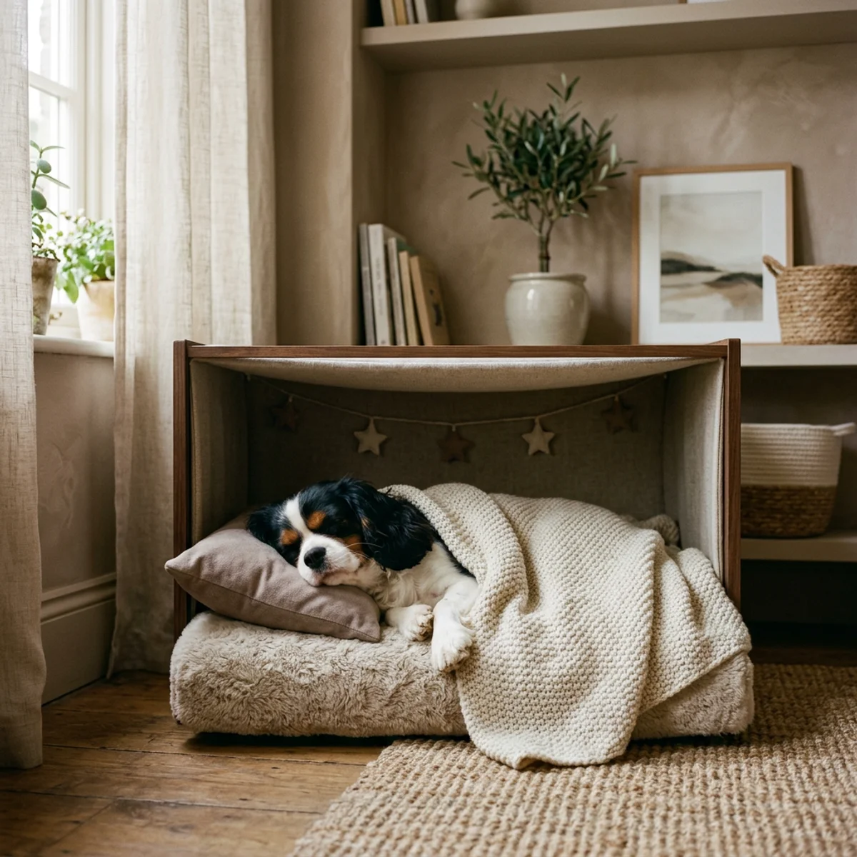 Dog resting in a cozy safe space with soft blankets in a calm home environment