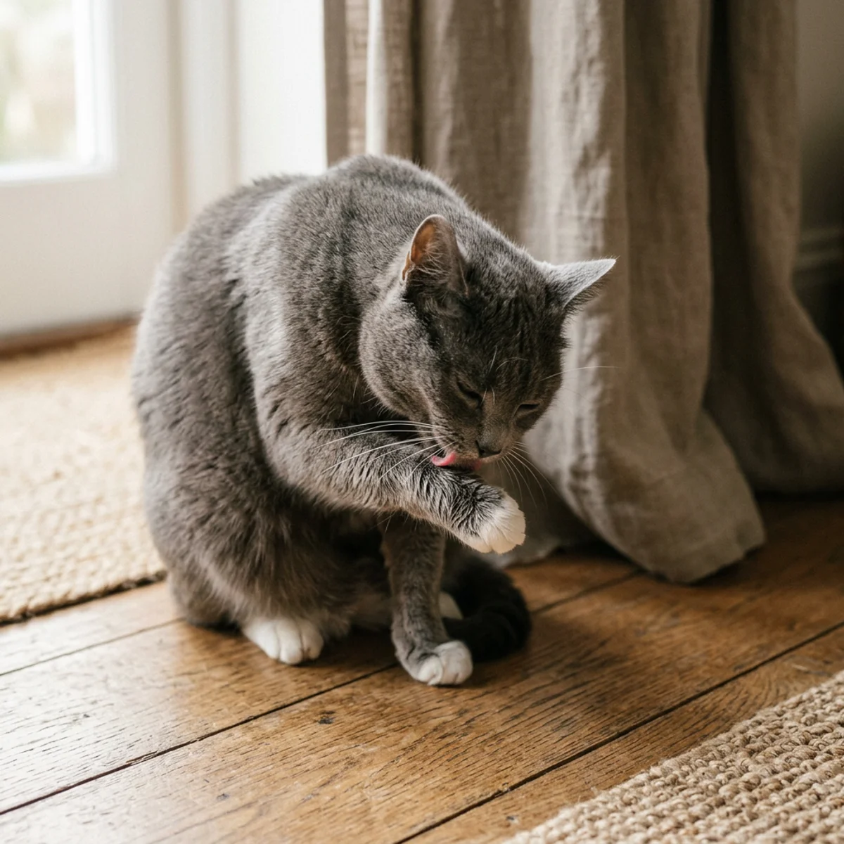 Grey cat over-grooming its leg, a common stress behavior in felines