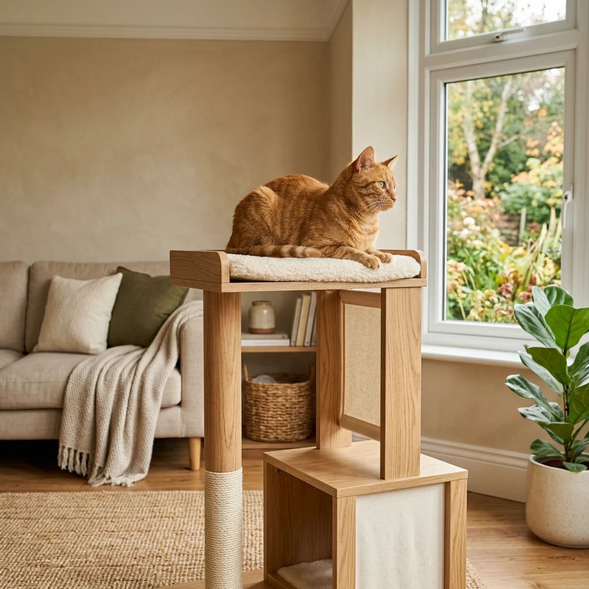 Ginger cat relaxing on wooden cat tree by window in calm, modern home