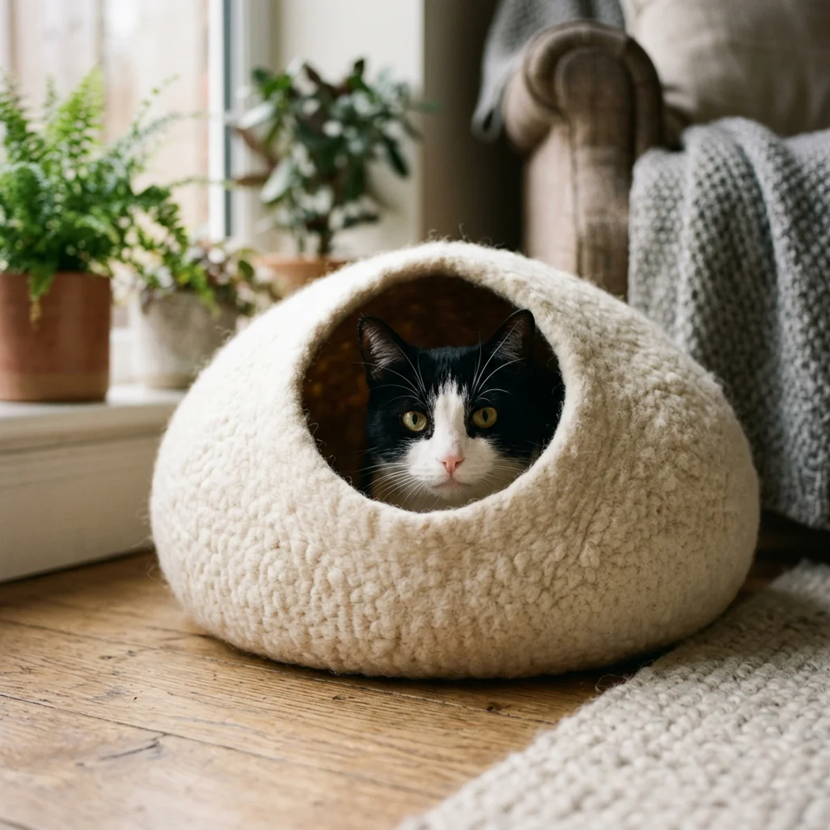 Black and white cat peeking from enclosed cream cat bed, feeling safe and secure