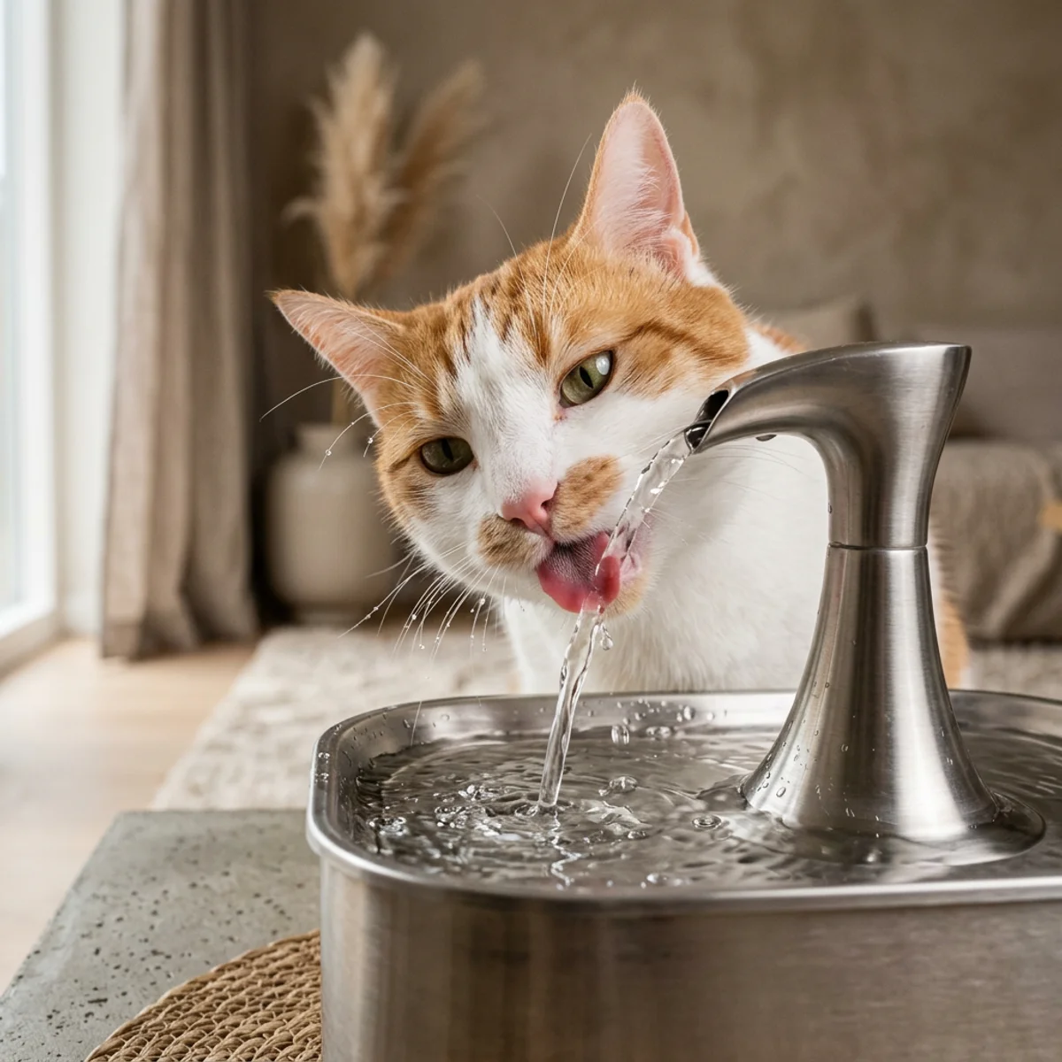 Gros plan d'un chat buvant d'une fontaine à eau en acier inoxydable avec eau qui coule