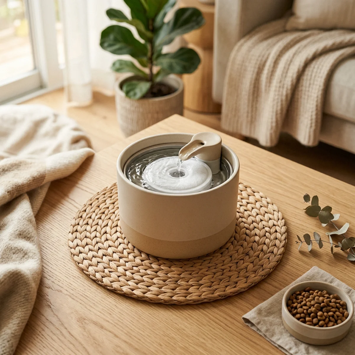 Vue de dessus d'une fontaine à eau moderne pour chat sur une surface en bois minimaliste dans un intérieur chaleureux et design