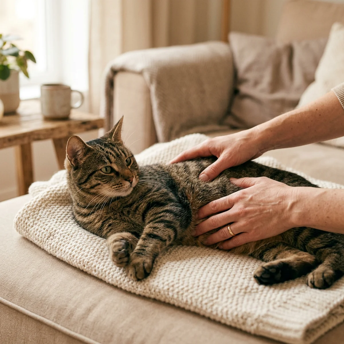 Chat tigré examiné doucement pour évaluer sa condition corporelle par les mains de son propriétaire sous lumière naturelle chaleureuse