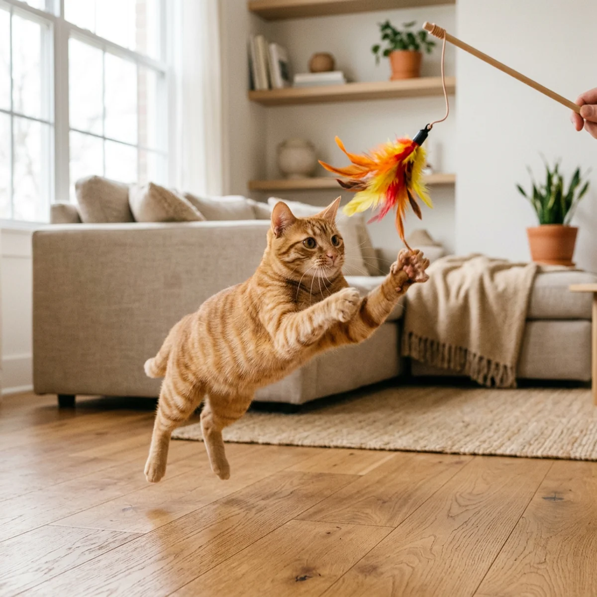 Chat tigré orange jouant énergiquement avec jouet à plume à baguette dans salon moderne et lumineux