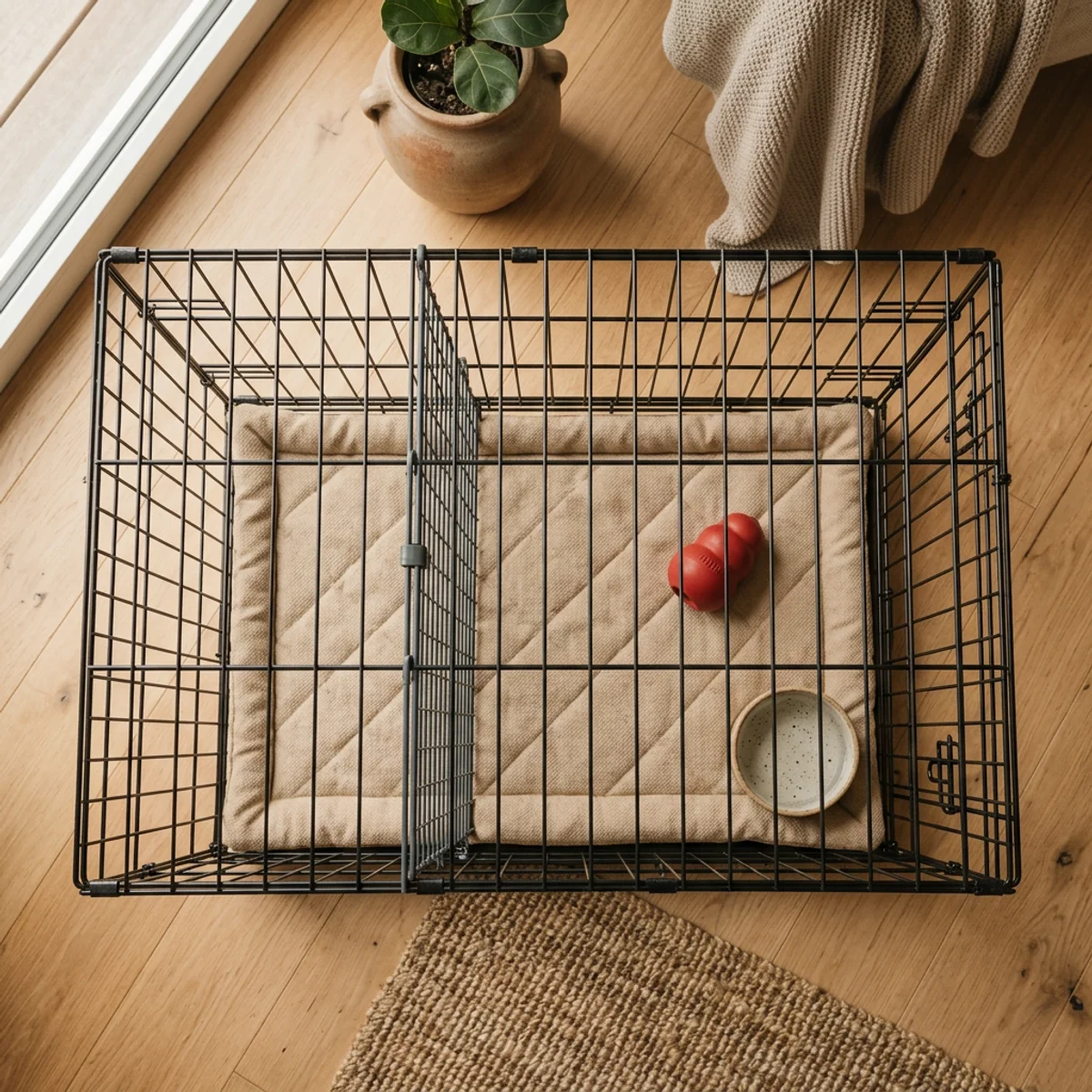 Overhead view of a wire dog crate with adjustable divider, mat, and chew toy inside