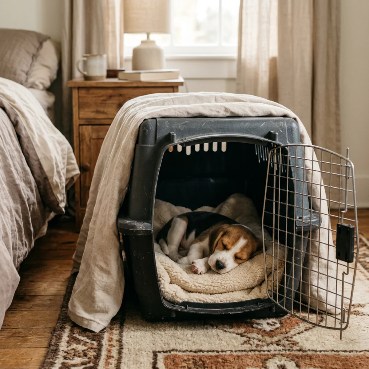 Beagle puppy sleeping inside a plastic crate partially covered with a blanket in a calm bedroom
