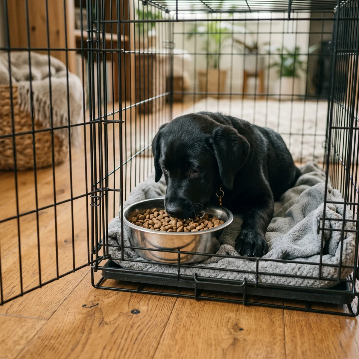 Black Labrador puppy eating from a bowl inside an open wire crate