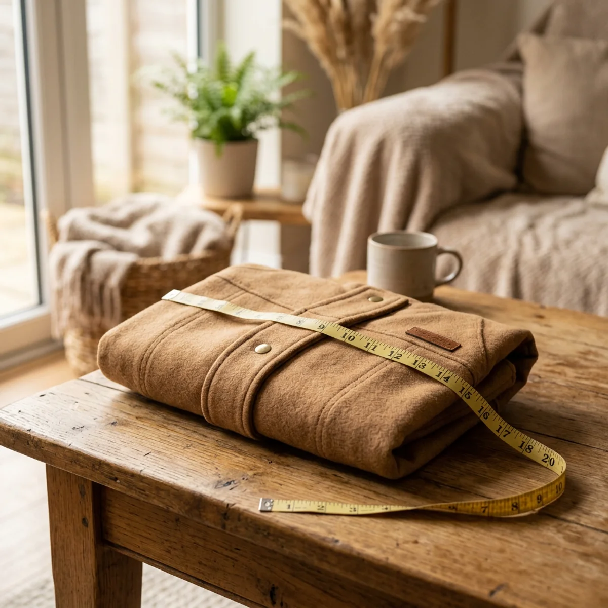 Measuring tape and folded dog winter coat on a wooden table for sizing