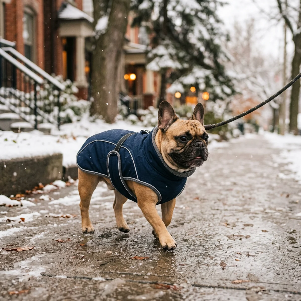 French Bulldog wearing a navy waterproof winter jacket walking on snowy sidewalk