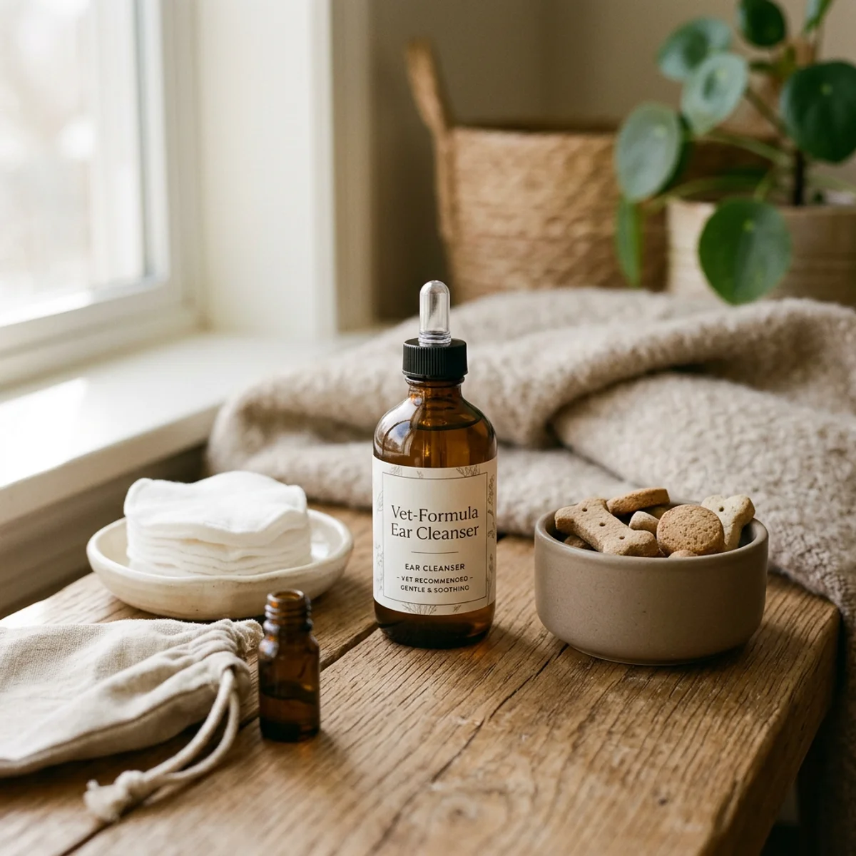 Dog ear cleaning supplies including ear cleaner and cotton pads on wooden surface