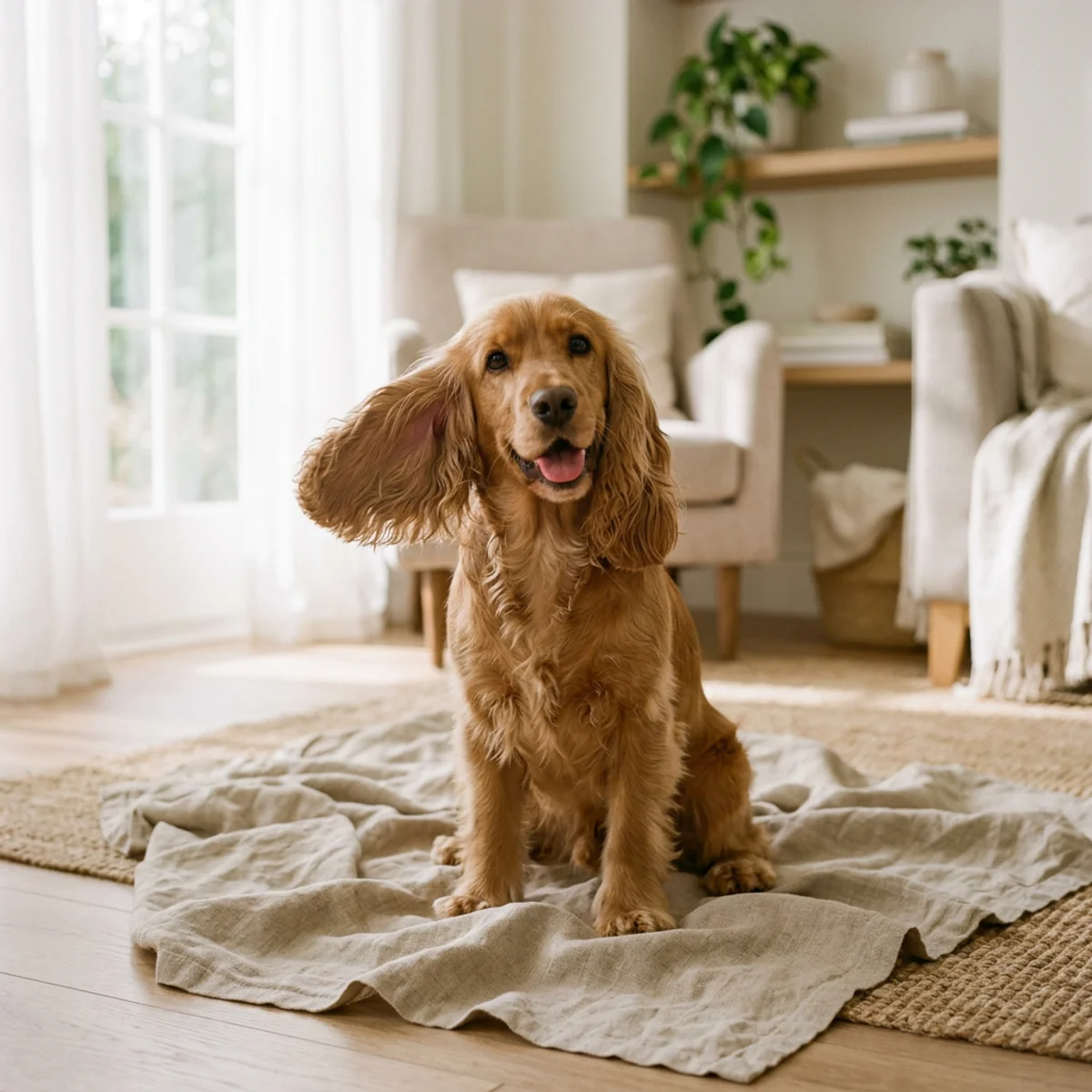 Healthy cocker spaniel with clean ears in bright, cozy home setting