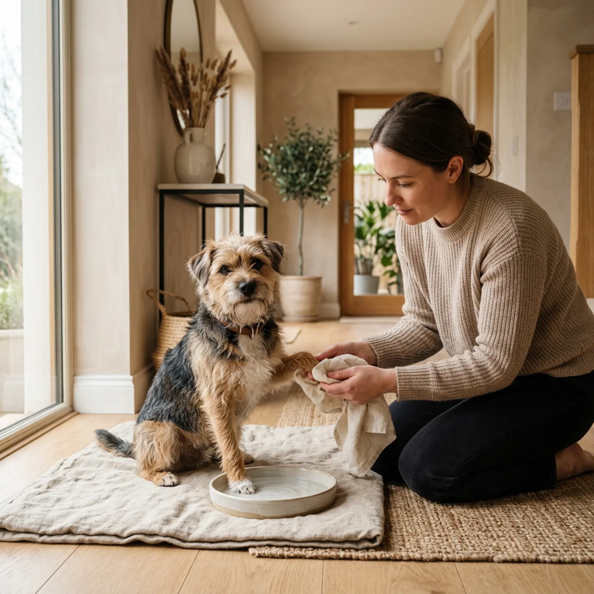 Dog having their paws cleaned with cloth and water after a walk