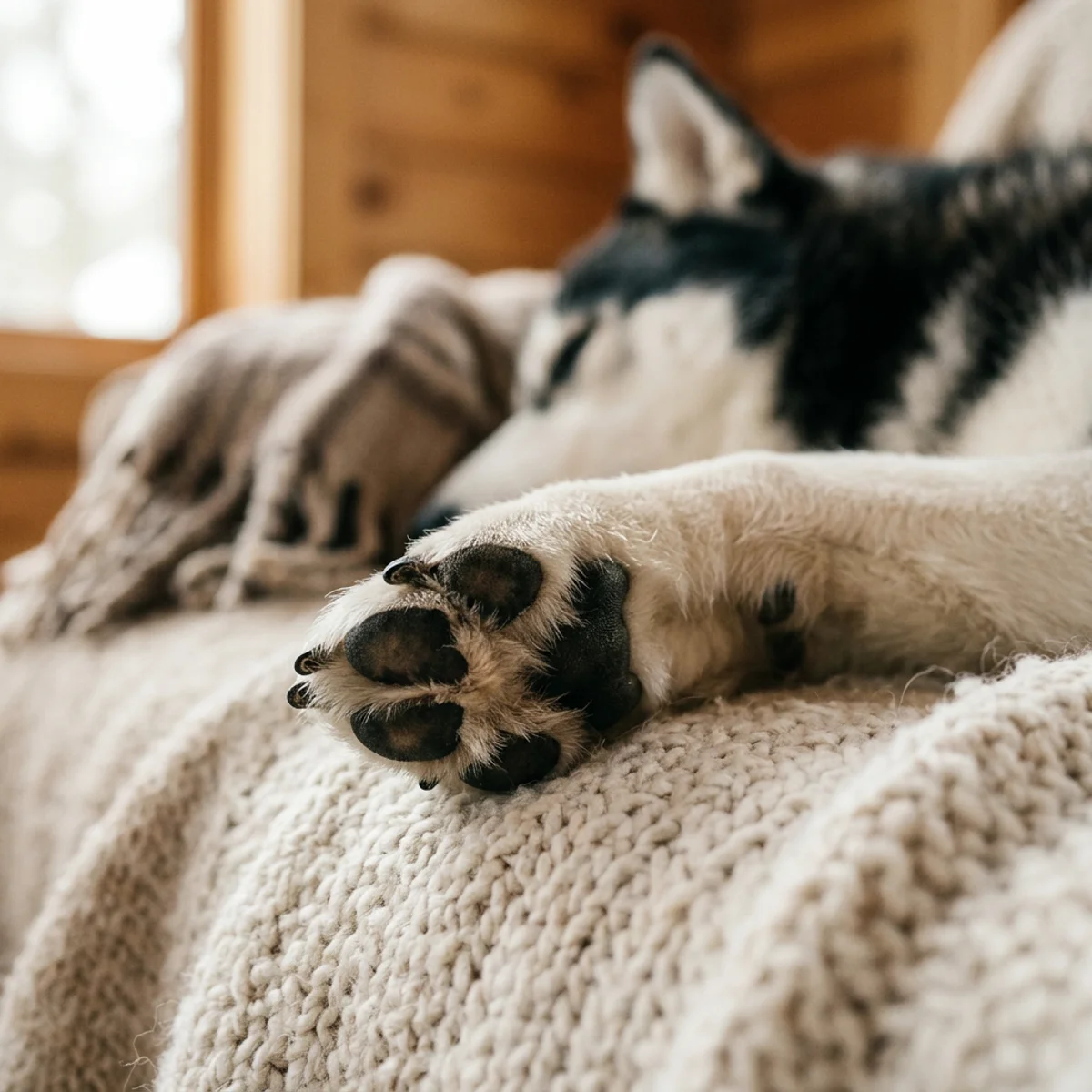 Close-up of dog paw pads protected with balm for winter weather