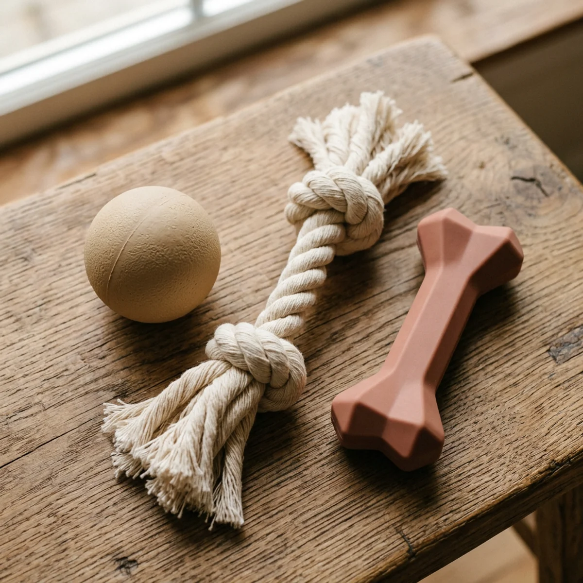 Vue à plat de jouets sécuritaires pour chiens incluant une balle en caoutchouc, un jouet en corde et un jouet à mâcher en silicone sur une surface en bois