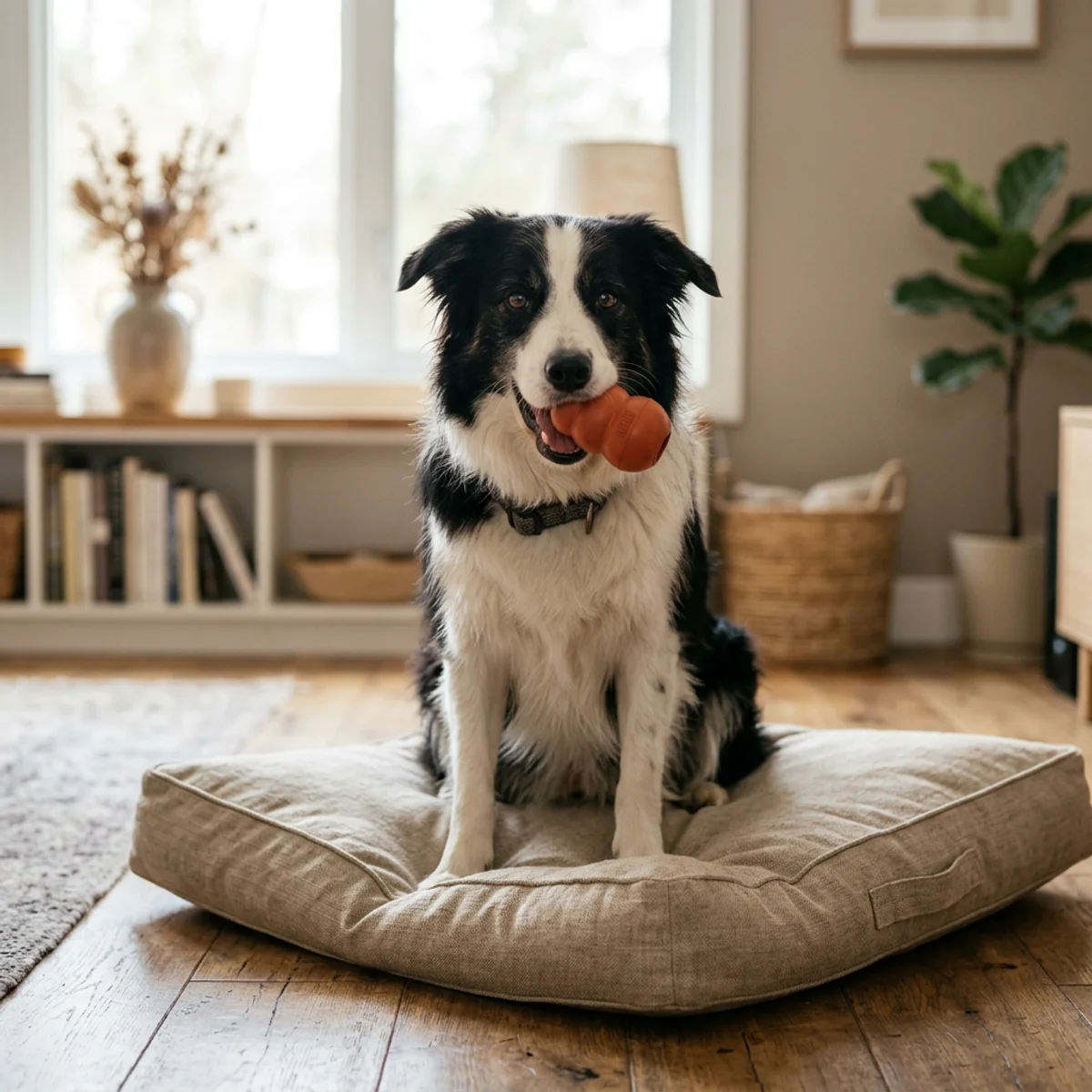 Border collie tenant un jouet durable en caoutchouc pour chien sur un coussin de lin dans une pièce moderne et lumineuse