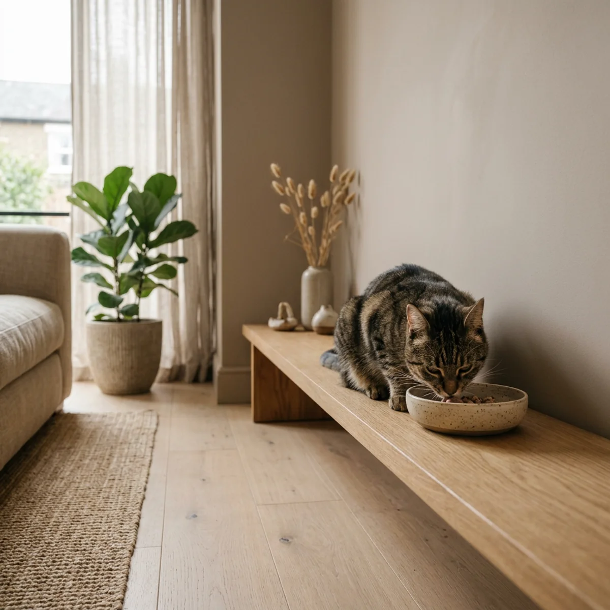 Chat tigré mangeant dans une gamelle peu profonde en céramique sur une tablette basse en bois dans une maison chaleureuse et minimaliste