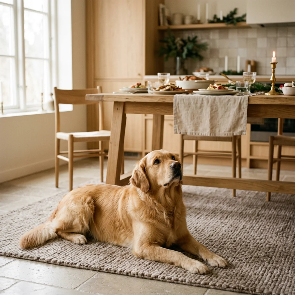 Golden retriever qui attend patiemment dans une cuisine pendant la préparation du repas des fêtes avec la nourriture en sécurité hors de portée