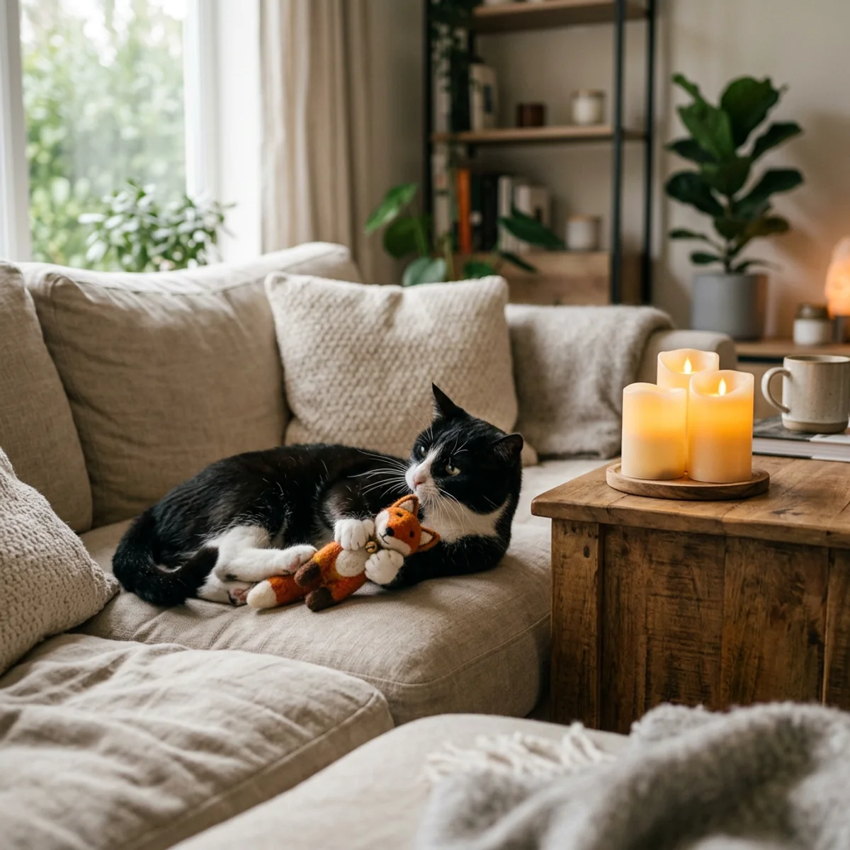 Chat tuxedo qui joue avec un ornement en tissu sécuritaire près de chandelles sans flamme dans un salon festif adapté aux animaux