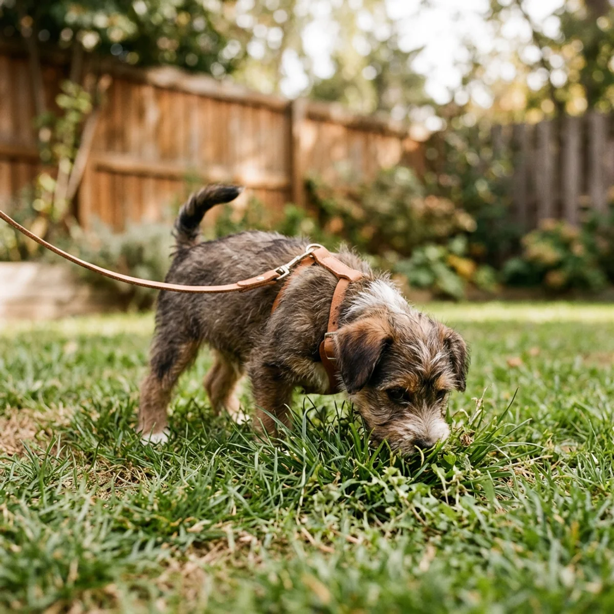 Puppy on leash exploring grass outdoors during potty training session