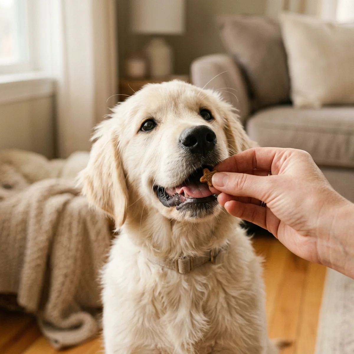 Puppy receiving a treat reward during positive reinforcement potty training
