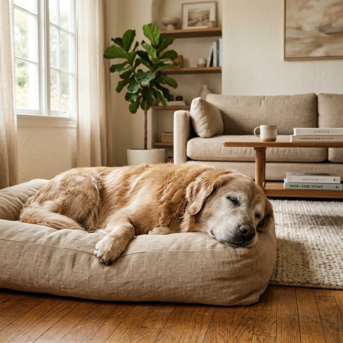 Golden retriever senior se reposant paisiblement sur un lit pour chien en lin à la maison