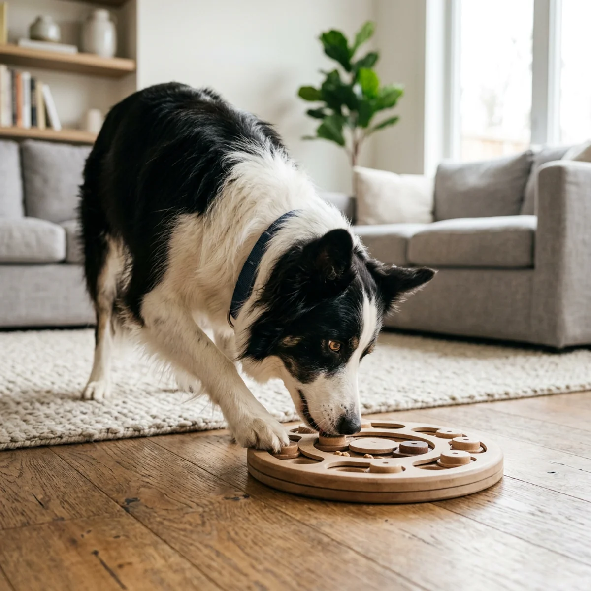 Border collie utilisant un bol interactif pour la stimulation mentale et l'enrichissement