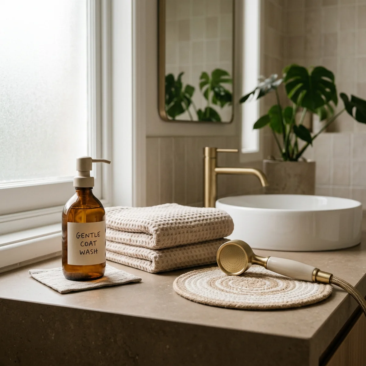 Fournitures pour laver un chat incluant shampoing, serviettes et tapis antidérapant disposés sur comptoir de salle de bain