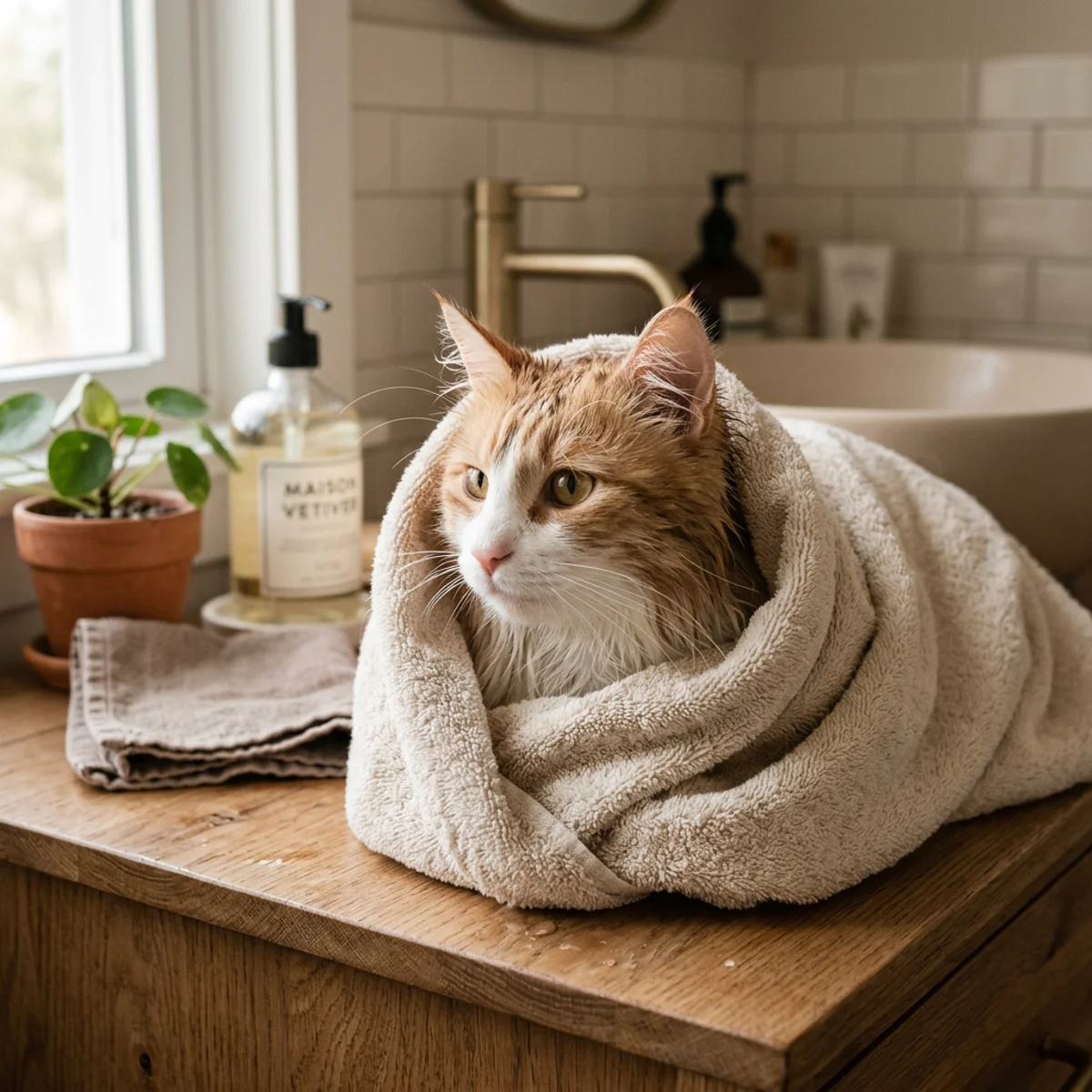 Chat à poil long enveloppé dans une serviette après le bain, l'air calme et content