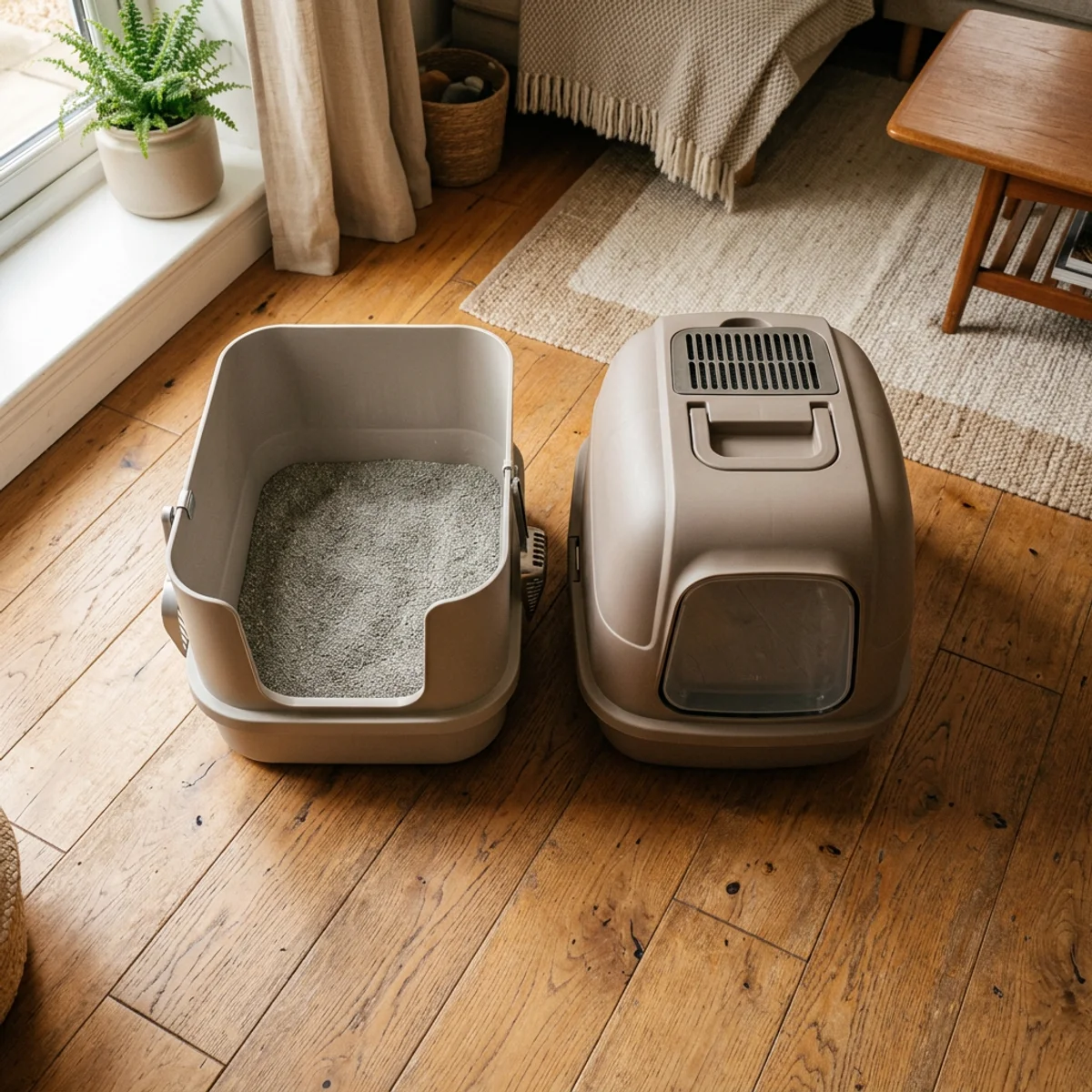 Overhead view of open and covered cat litter boxes side by side on wood floor