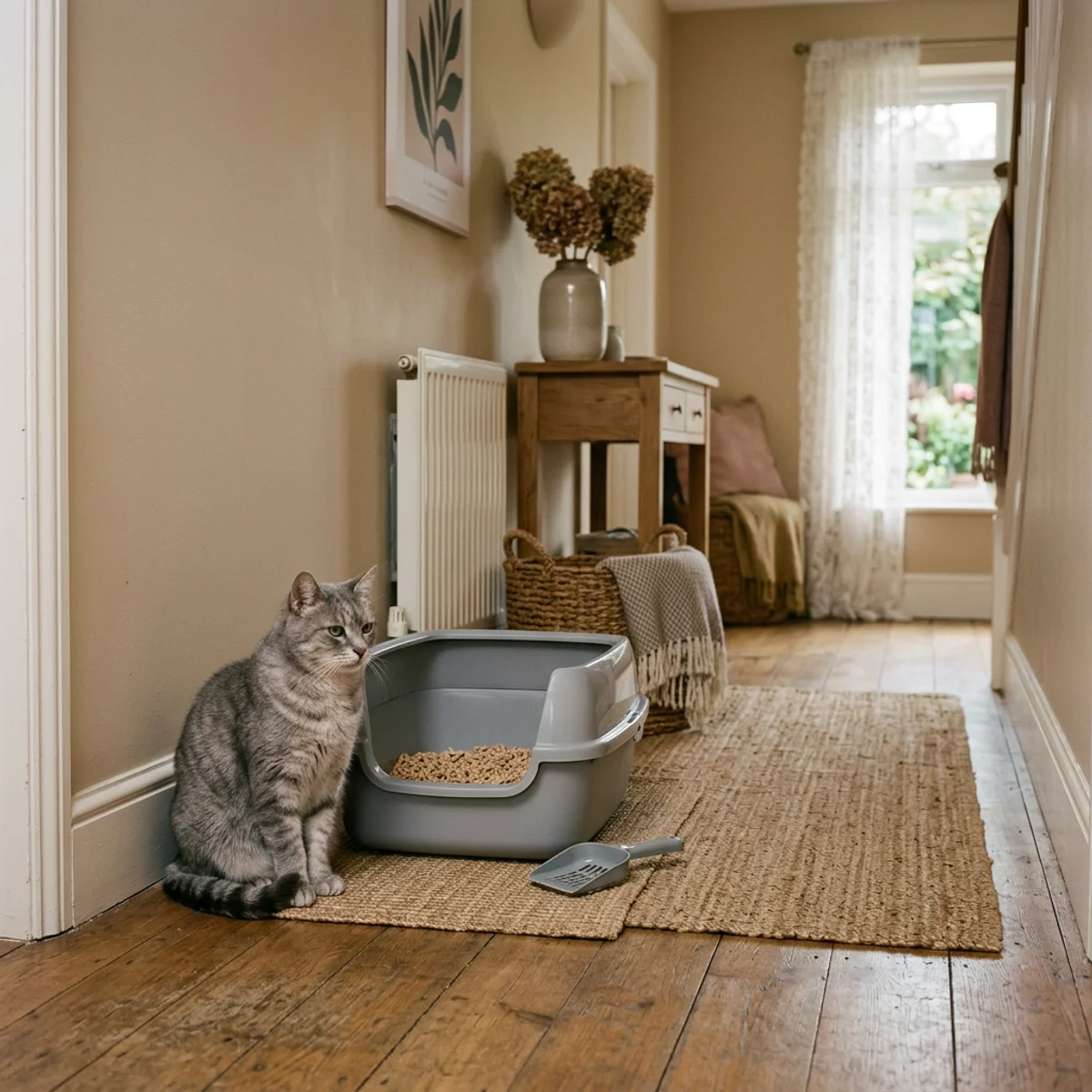 Senior grey cat beside low-entry litter box in a softly lit hallway corner