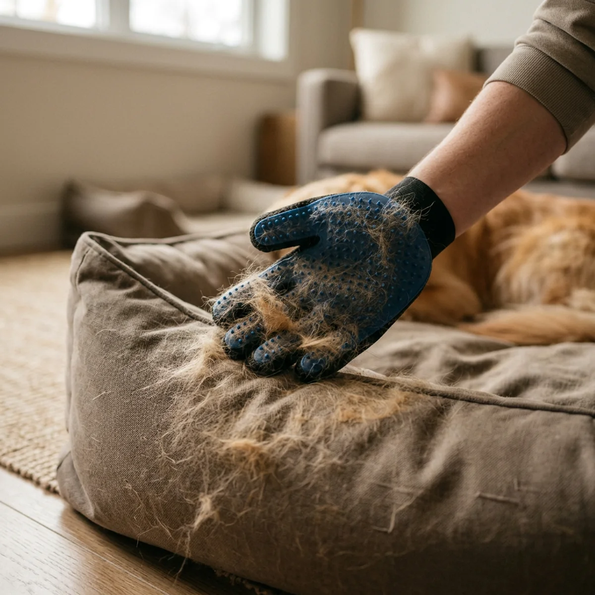 Main utilisant un gant de toilettage en caoutchouc pour enlever les poils de chien d'un lit pour animal