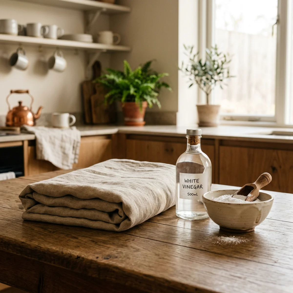 Housse de lit pour chien propre et pliée avec produits de nettoyage naturels incluant du vinaigre et du bicarbonate de soude