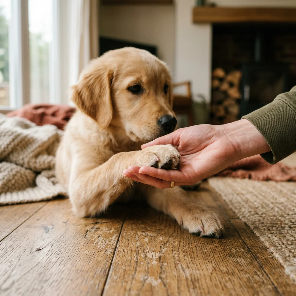 Personne tenant doucement la patte d'un chiot durant un exercice positif de manipulation et de socialisation