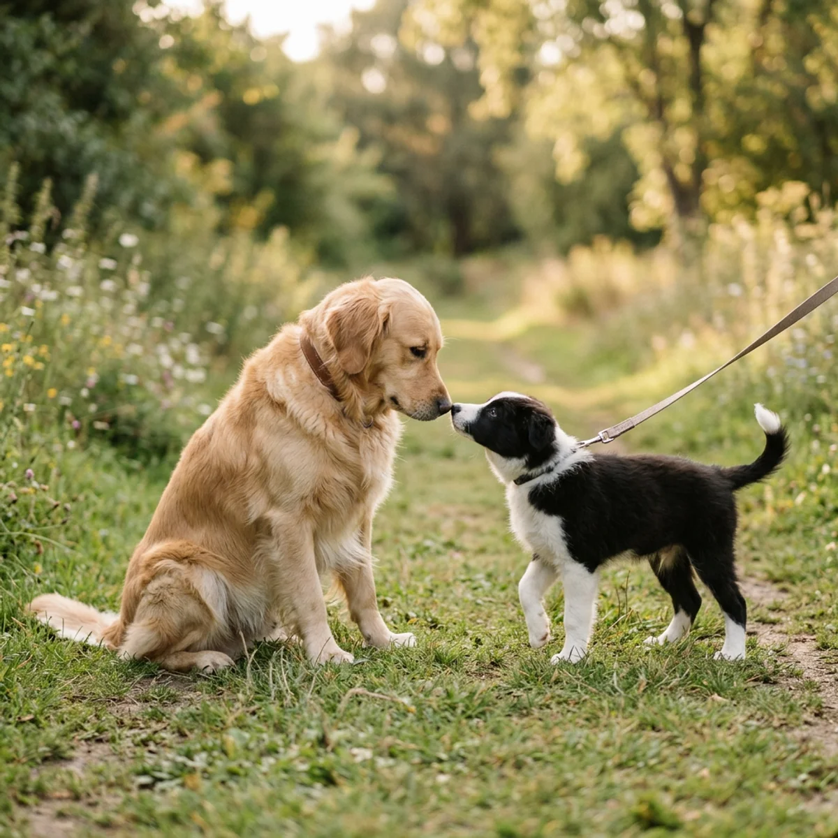 Chiot border collie rencontrant un chien adulte calme durant une socialisation supervisée dans un parc
