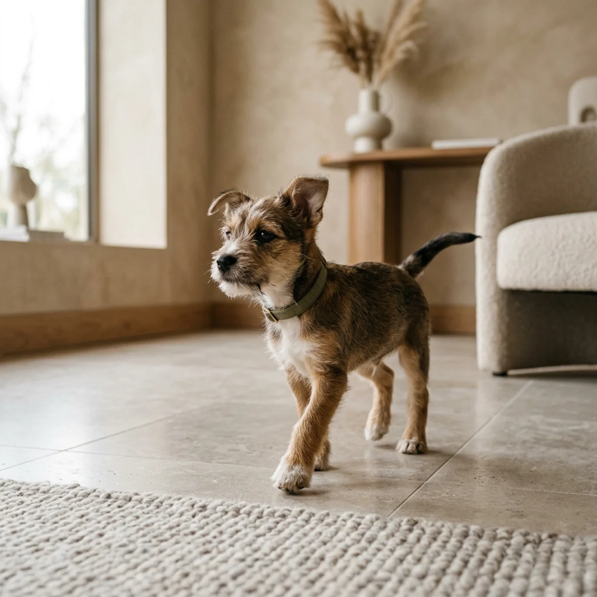 Chiot explorant avec confiance une nouvelle surface de plancher durant l'entraînement de socialisation et d'exposition environnementale