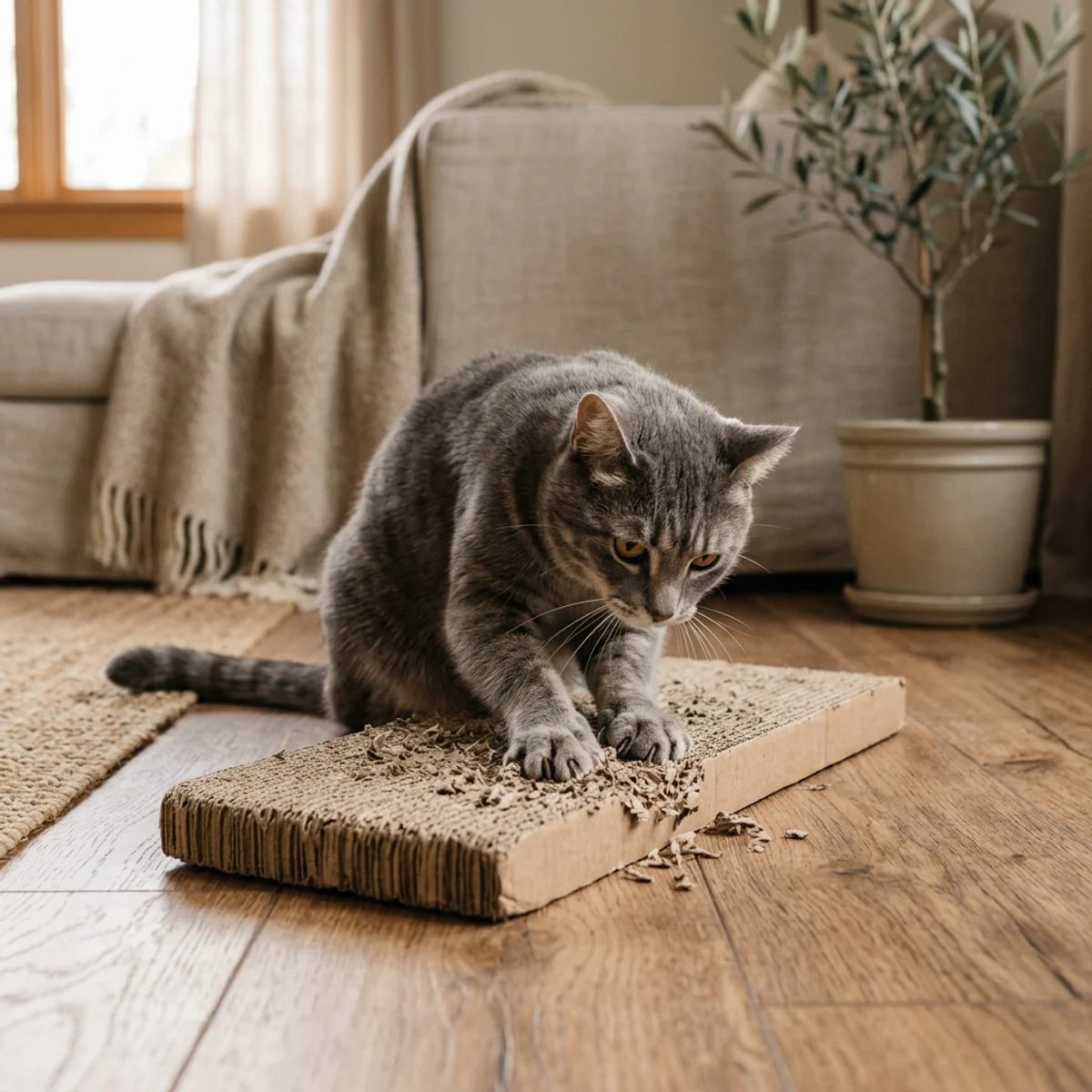 Chat gris qui griffe un grattoir horizontal en carton sur un plancher de bois