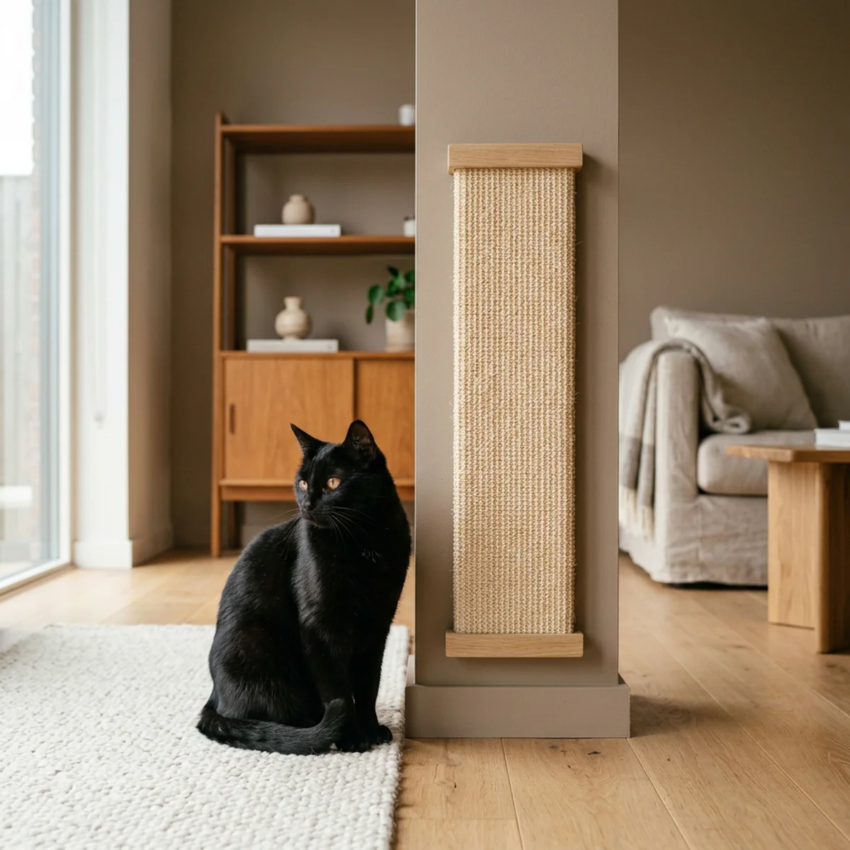 Chat noir assis à côté d'un panneau à griffer mural en sisal dans une maison moderne