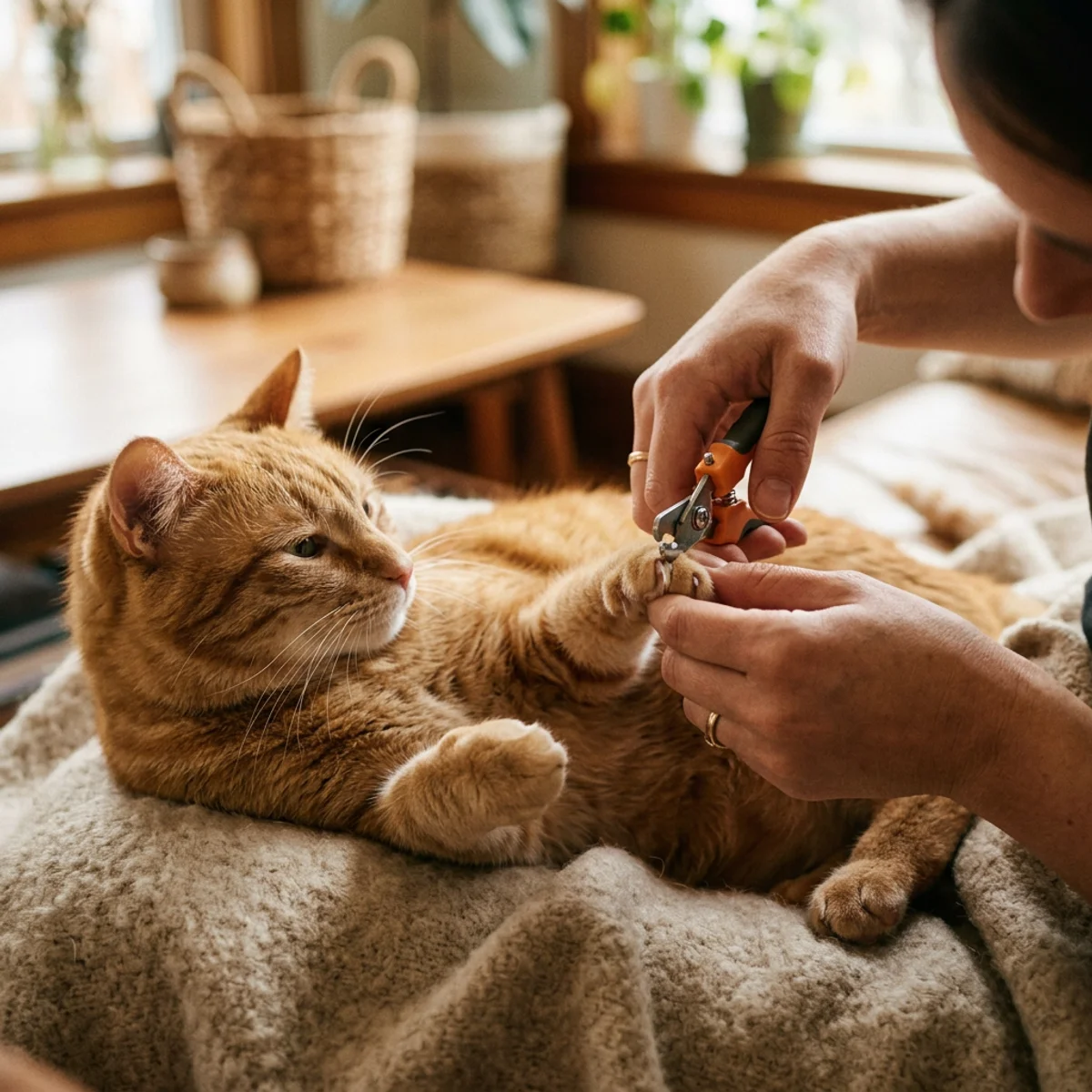 Personne qui taille les griffes d'un chat tigré orange avec un coupe-griffes sur une couverture beige