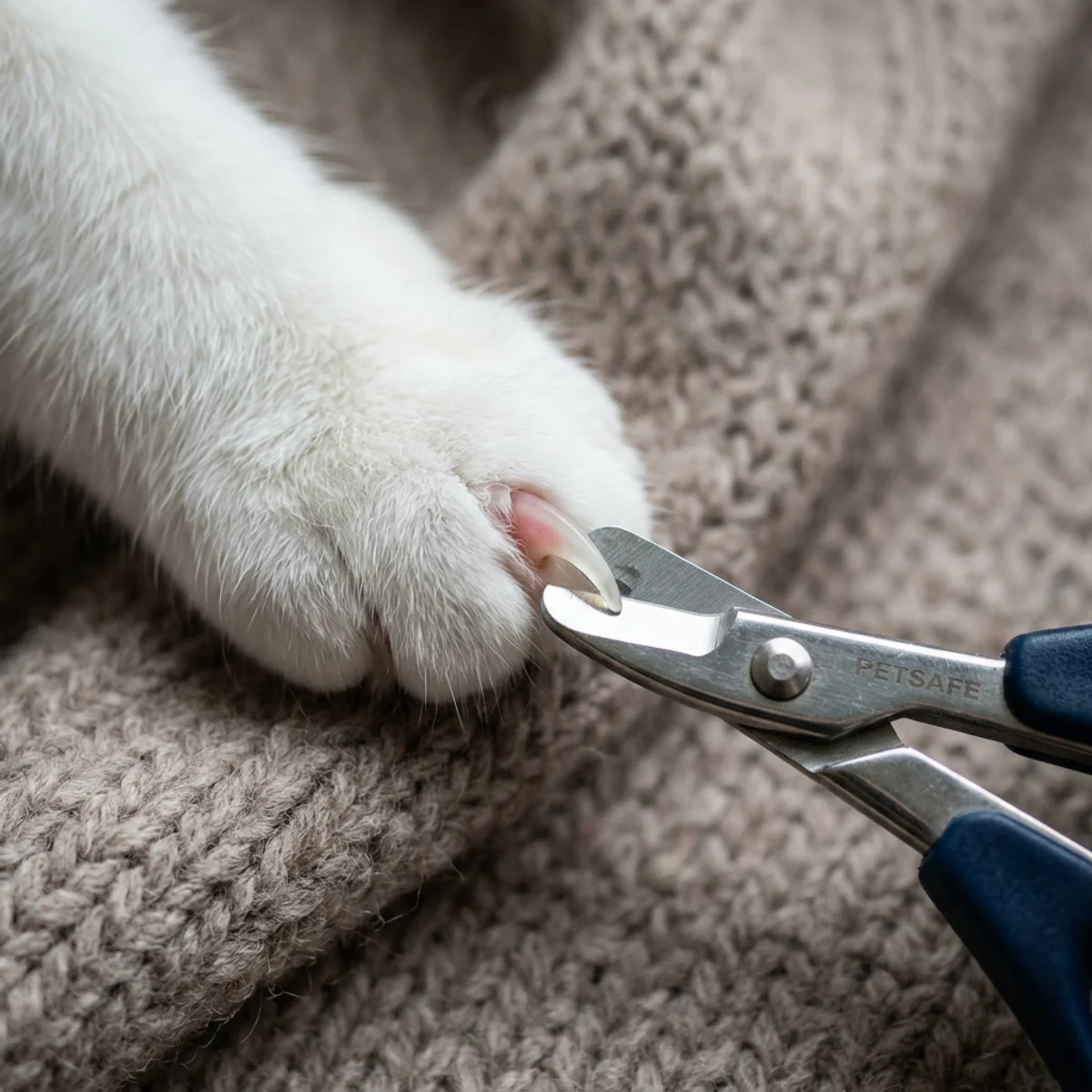 Gros plan d'une griffe de chat montrant la veine avec un coupe-griffes positionné pour couper la pointe en toute sécurité