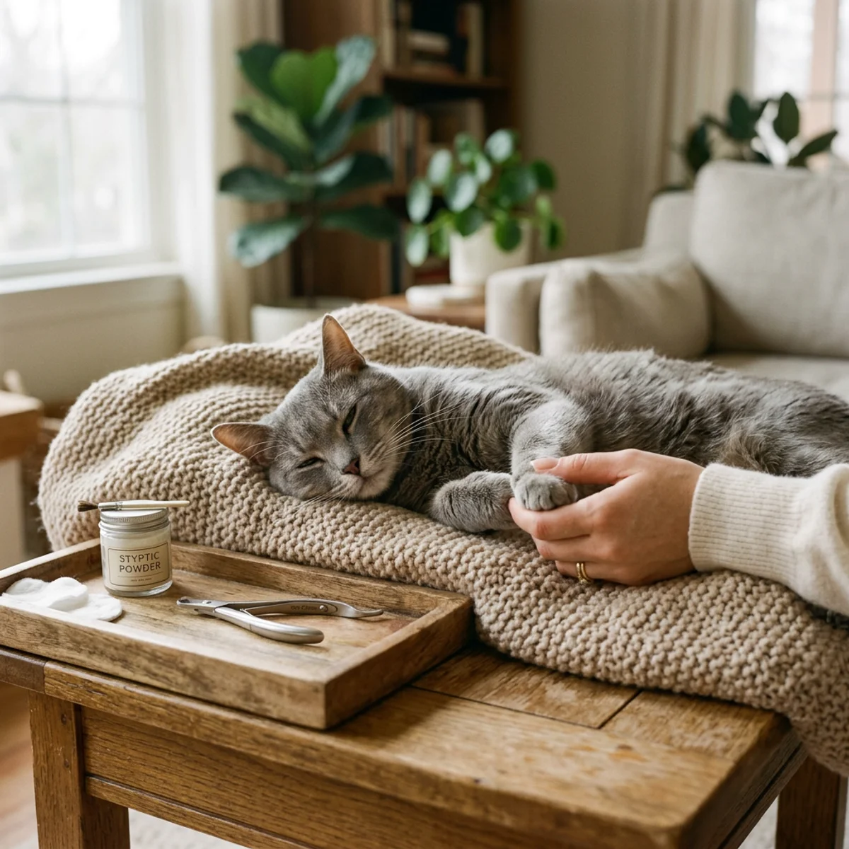 Chat gris détendu se faisant couper les griffes à la maison avec des fournitures de toilettage à proximité