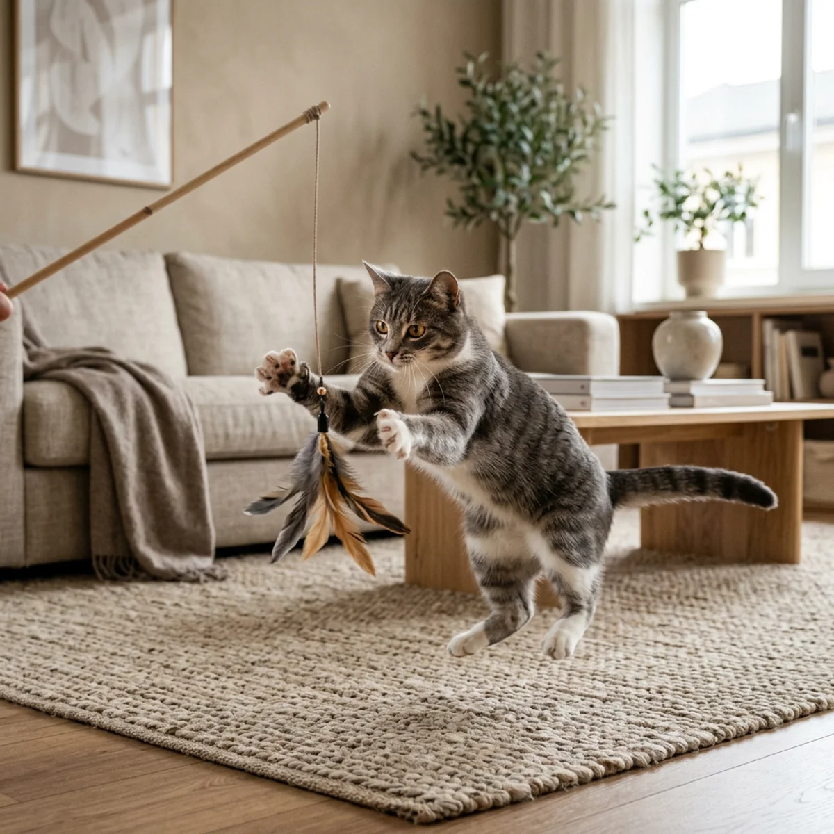 Chat gris jouant avec une baguette jouet à plumes interactive sur un tapis de salon