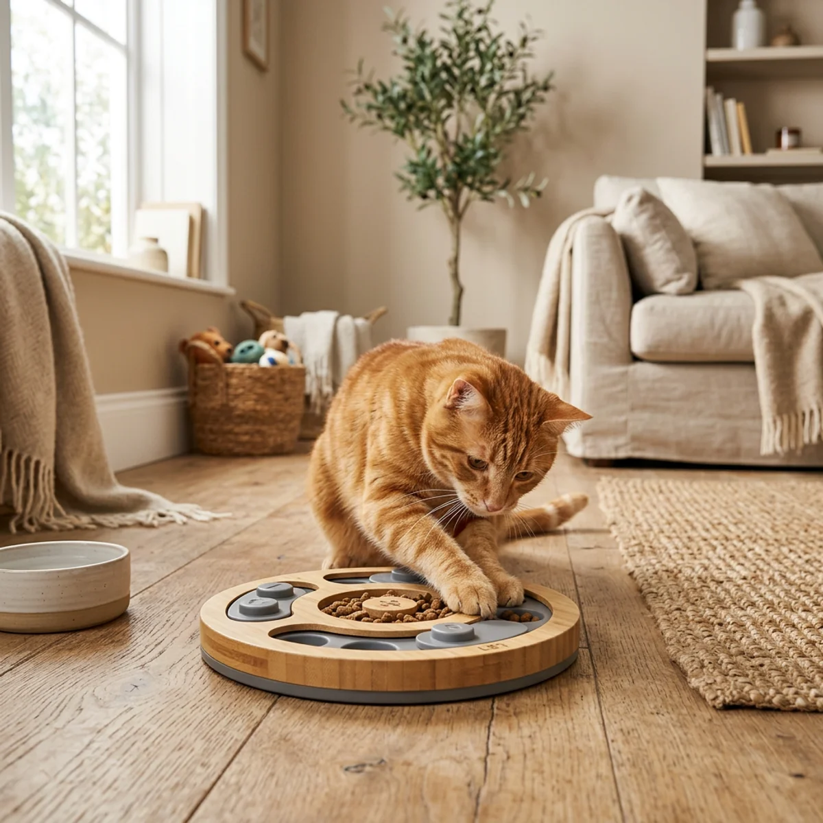 Chat tigré orange mangeant dans un bol distributeur casse-tête pour stimulation mentale