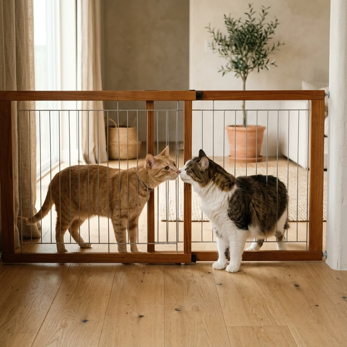 Two cats meeting through a baby gate during gradual cat to cat introduction process