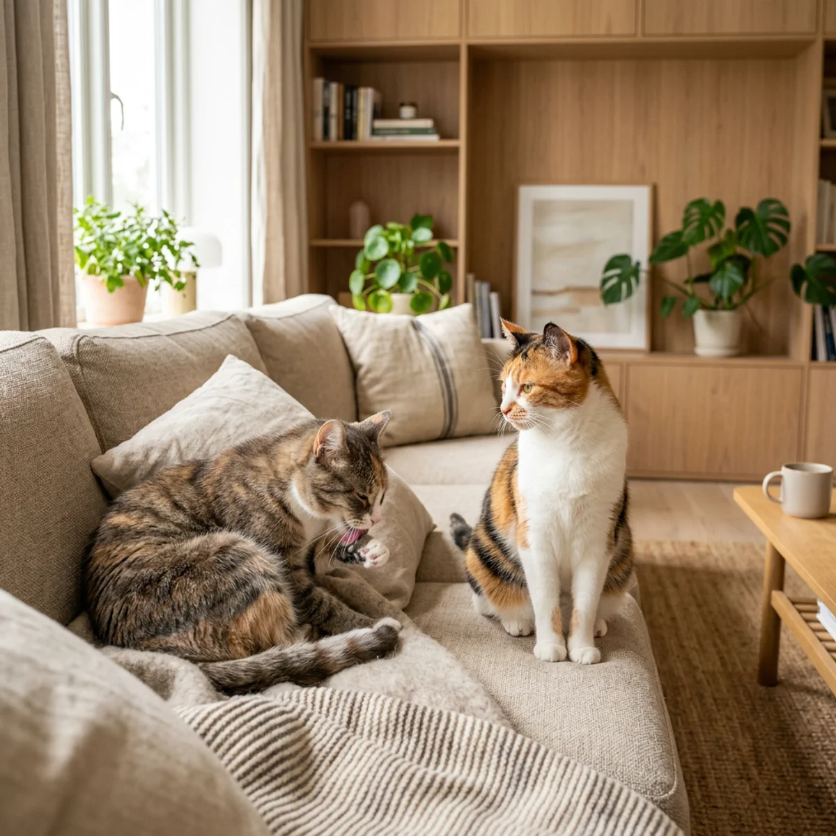 Two cats sitting calmly together on a sofa showing successful new cat introduction