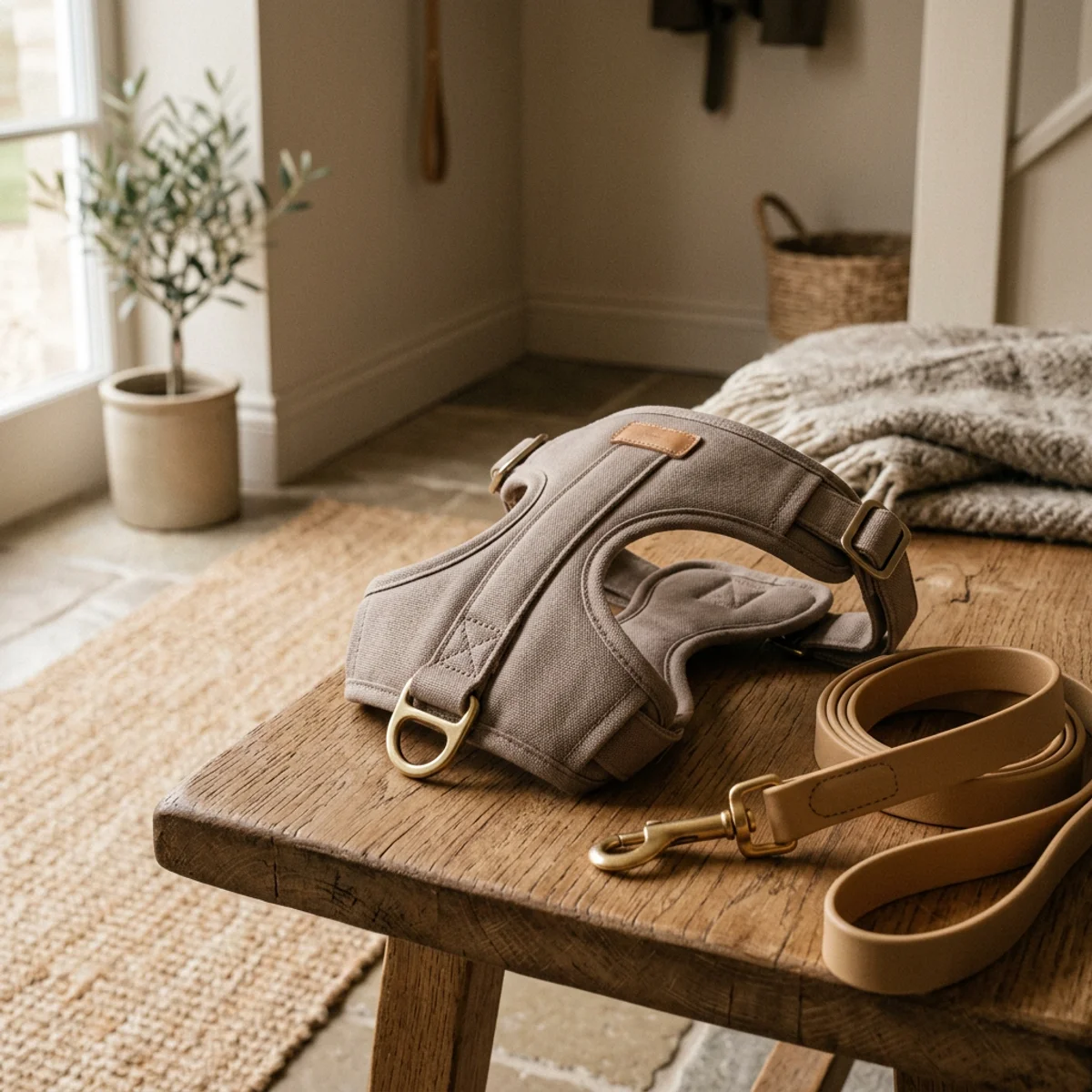 Front-clip dog harness and biothane leash on wooden bench in warm home entryway